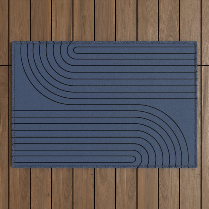 Minimal Line Curvature IV Navy Blue Mid Century Modern Arch Abstract Outdoor Rug Gallery Image 1