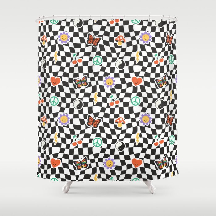 Funny retro cartoon sticker checkered pattern Shower Curtain Gallery Image 1