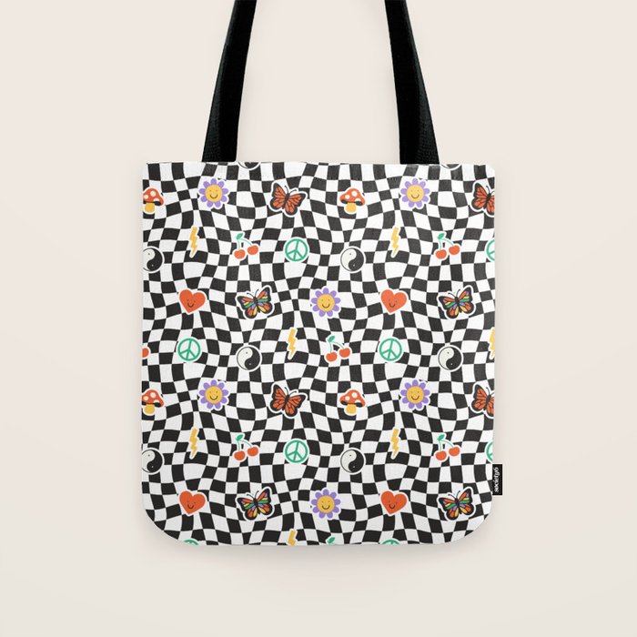 Funny retro cartoon sticker checkered pattern Tote Bag Gallery Image 1