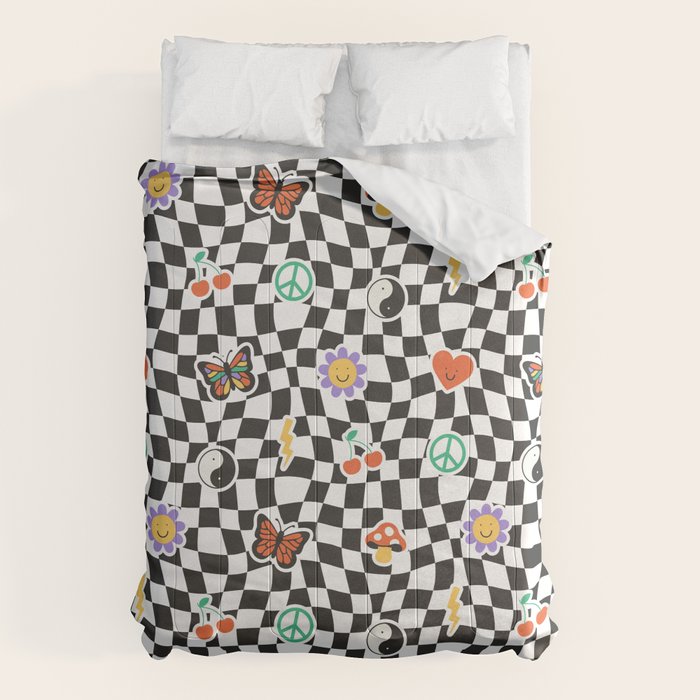 Funny retro cartoon sticker checkered pattern Comforter Gallery Image 6