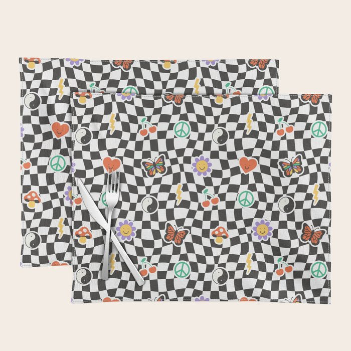 Funny retro cartoon sticker checkered pattern Placemat Gallery Image 1