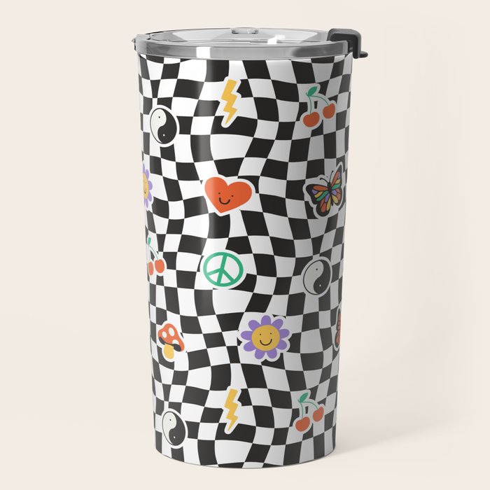 Funny retro cartoon sticker checkered pattern Travel Mug Gallery Image 2