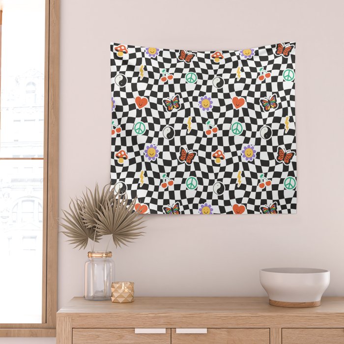 Funny retro cartoon sticker checkered pattern Wall Tapestry Gallery Image 2