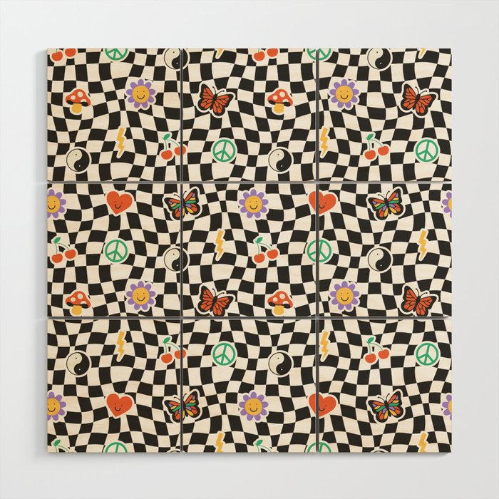 Funny retro cartoon sticker checkered pattern Wood Wall Art Gallery Image 1