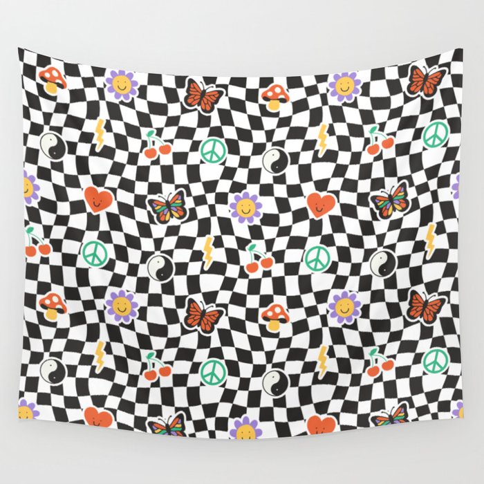 Funny retro cartoon sticker checkered pattern Wall Tapestry Gallery Image 4