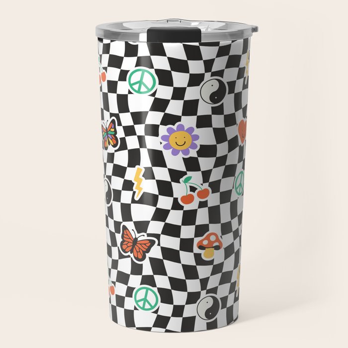 Funny retro cartoon sticker checkered pattern Travel Mug Gallery Image 1