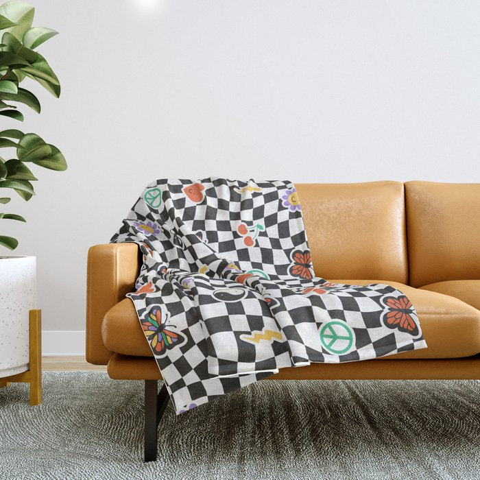 Funny retro cartoon sticker checkered pattern Throw Blanket Gallery Image 1