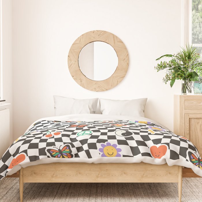 Funny retro cartoon sticker checkered pattern Duvet Cover Gallery Image 3