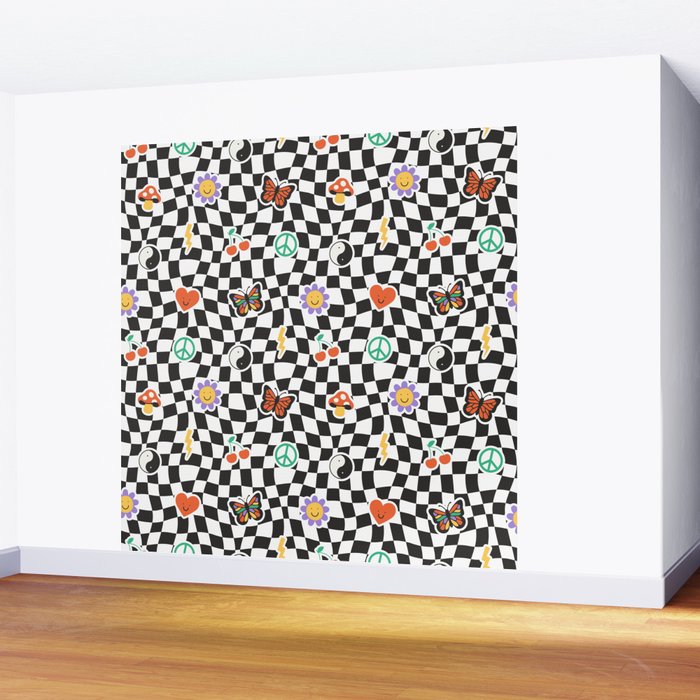Funny retro cartoon sticker checkered pattern Wall Mural Gallery Image 2