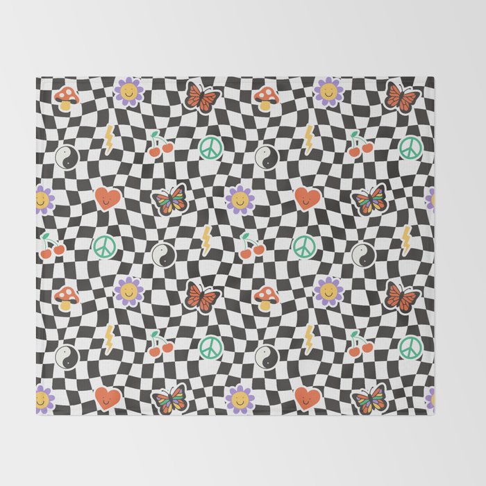 Funny retro cartoon sticker checkered pattern Throw Blanket Gallery Image 2