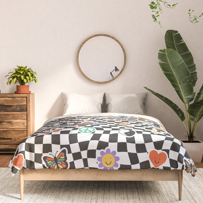 Funny retro cartoon sticker checkered pattern Comforter Gallery Image 3