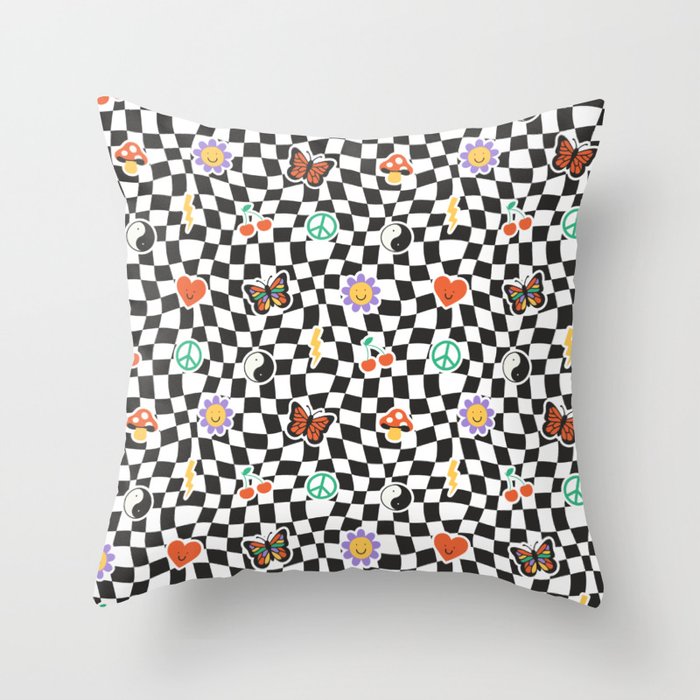 Funny retro cartoon sticker checkered pattern Throw Pillow Gallery Image 6