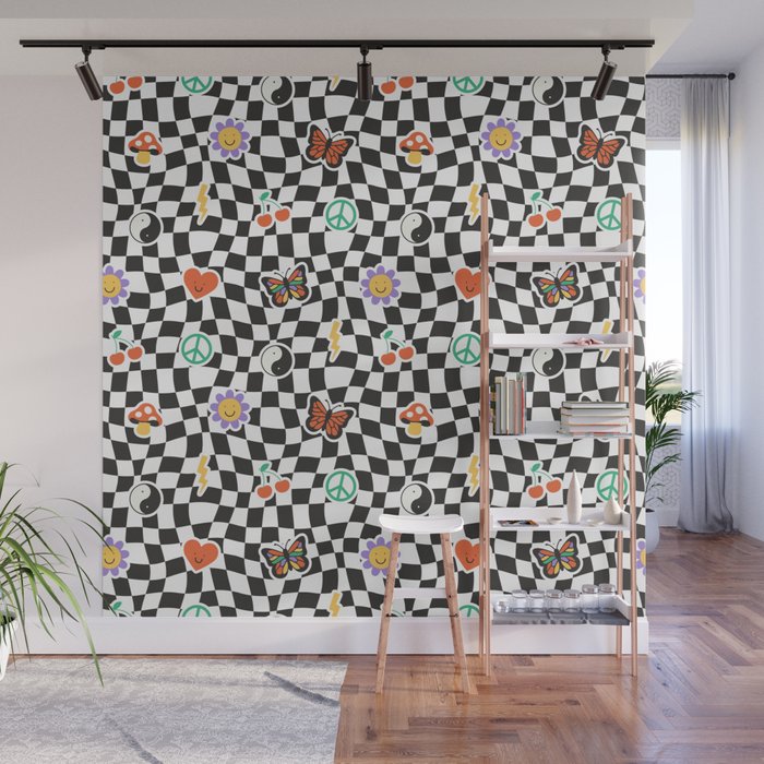 Funny retro cartoon sticker checkered pattern Wall Mural Gallery Image 1