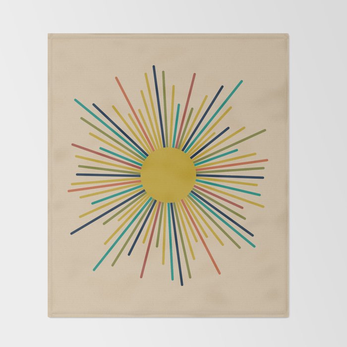 Multicolor Sunburst - Mid Century Modern Sun in Mid Mod Colors on Beige Throw Blanket Gallery Image 2