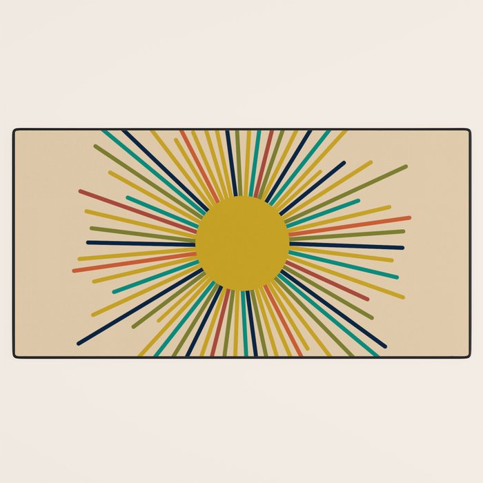 Multicolor Sunburst - Mid Century Modern Sun in Mid Mod Colors on Beige Desk Mat Gallery Image 3