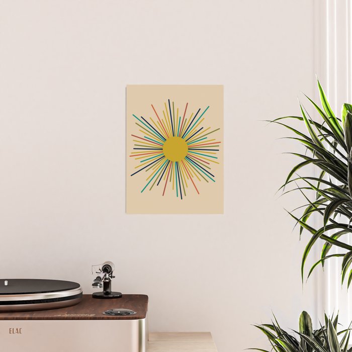 Multicolor Sunburst - Mid Century Modern Sun in Mid Mod Colors on Beige Poster Gallery Image 2