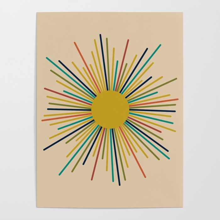 Multicolor Sunburst - Mid Century Modern Sun in Mid Mod Colors on Beige Poster Gallery Image 4