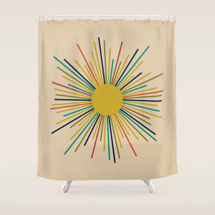 Multicolor Sunburst - Mid Century Modern Sun in Mid Mod Colors on Beige Shower Curtain Gallery Image 1