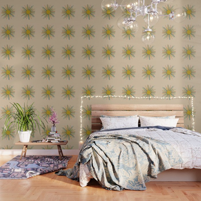 Multicolor Sunburst - Mid Century Modern Sun in Mid Mod Colors on Beige Wallpaper Gallery Image 3