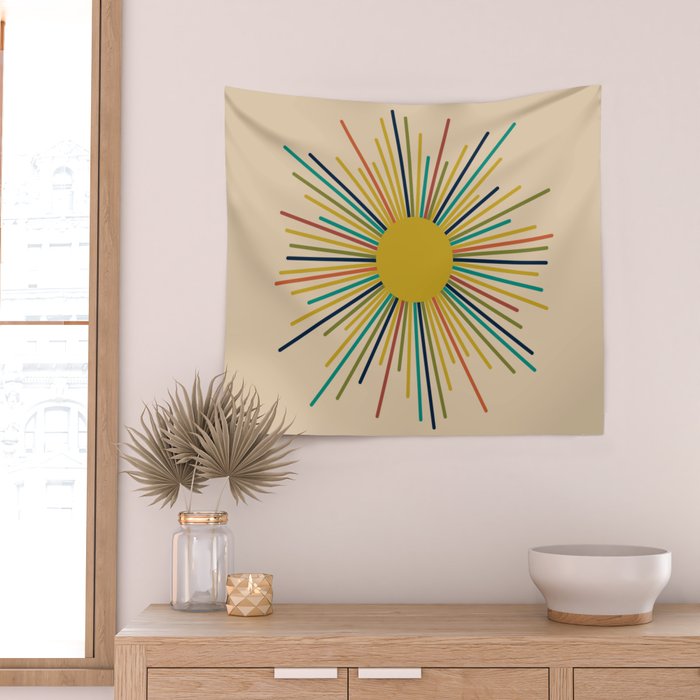 Multicolor Sunburst - Mid Century Modern Sun in Mid Mod Colors on Beige Wall Tapestry Gallery Image 2