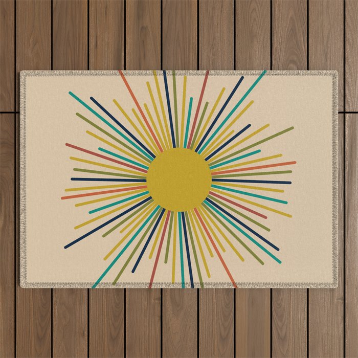 Multicolor Sunburst - Mid Century Modern Sun in Mid Mod Colors on Beige Outdoor Rug Gallery Image 1
