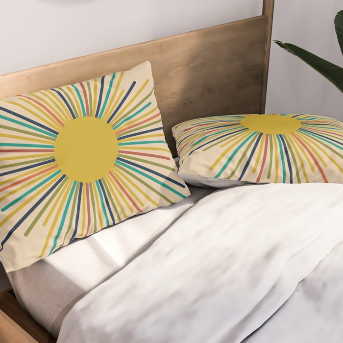 Multicolor Sunburst - Mid Century Modern Sun in Mid Mod Colors on Beige Pillow Sham Gallery Image 2