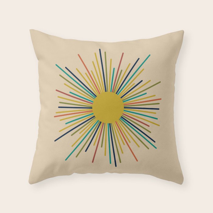 Multicolor Sunburst - Mid Century Modern Sun in Mid Mod Colors on Beige Throw Pillow Gallery Image 6