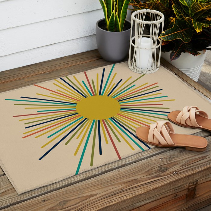 Multicolor Sunburst - Mid Century Modern Sun in Mid Mod Colors on Beige Outdoor Rug Gallery Image 2