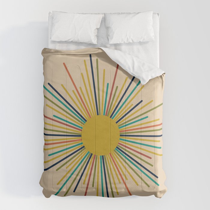 Multicolor Sunburst - Mid Century Modern Sun in Mid Mod Colors on Beige Comforter Gallery Image 6