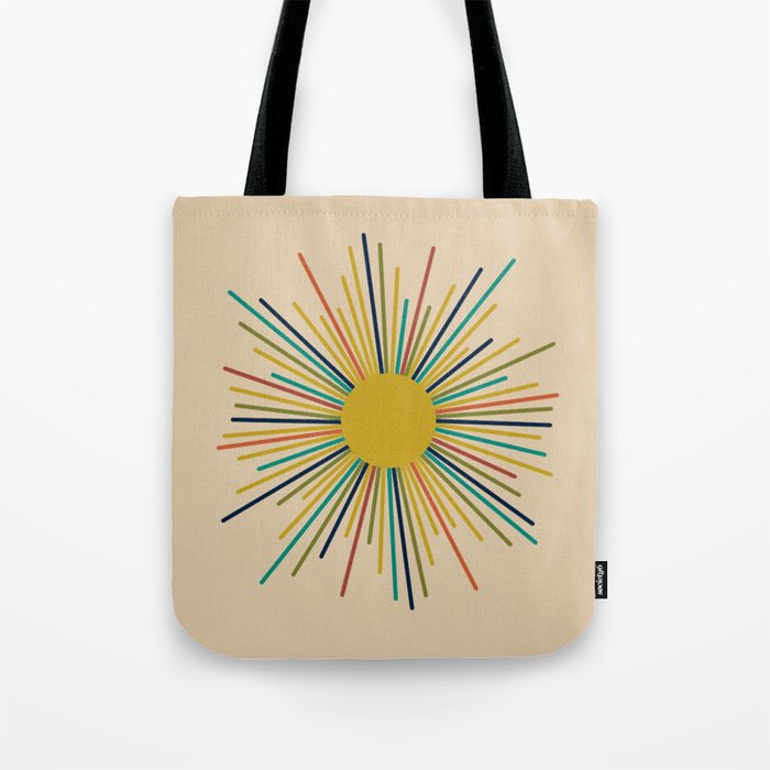 Multicolor Sunburst - Mid Century Modern Sun in Mid Mod Colors on Beige Tote Bag Gallery Image 1