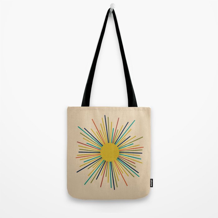 Multicolor Sunburst - Mid Century Modern Sun in Mid Mod Colors on Beige Tote Bag Gallery Image 2