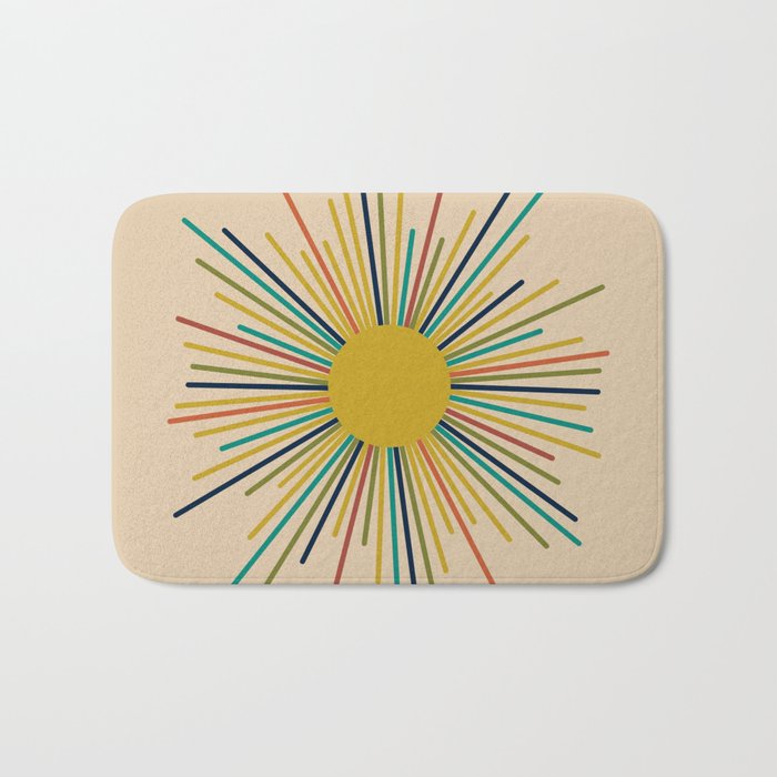 Multicolor Sunburst - Mid Century Modern Sun in Mid Mod Colors on Beige Bath Mat Gallery Image 1
