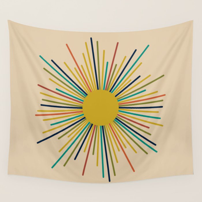 Multicolor Sunburst - Mid Century Modern Sun in Mid Mod Colors on Beige Wall Tapestry Gallery Image 1