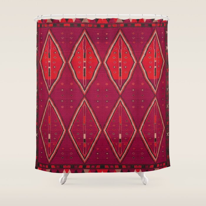 The Crimson Symmetry Handwoven Tribal Kilim Art Shower Curtain Gallery Image 1