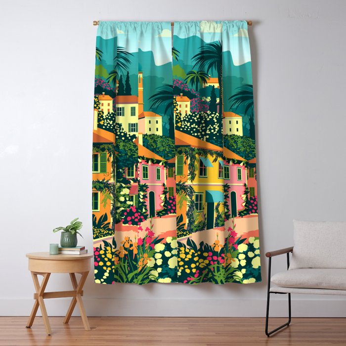 Romantic Italian Landscape Lake Como Colorful European Landscape Art Window Curtain Gallery Image 1