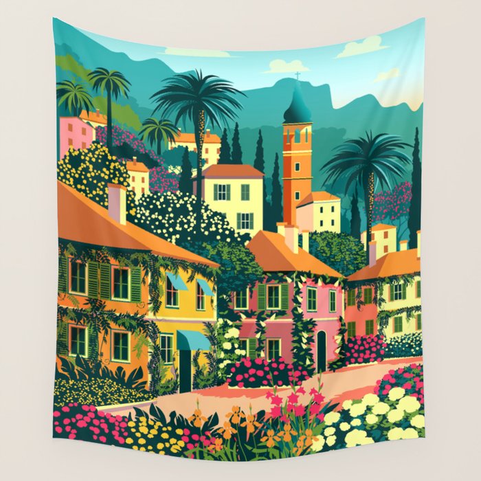 Romantic Italian Landscape Lake Como Colorful European Landscape Art Wall Tapestry Gallery Image 4