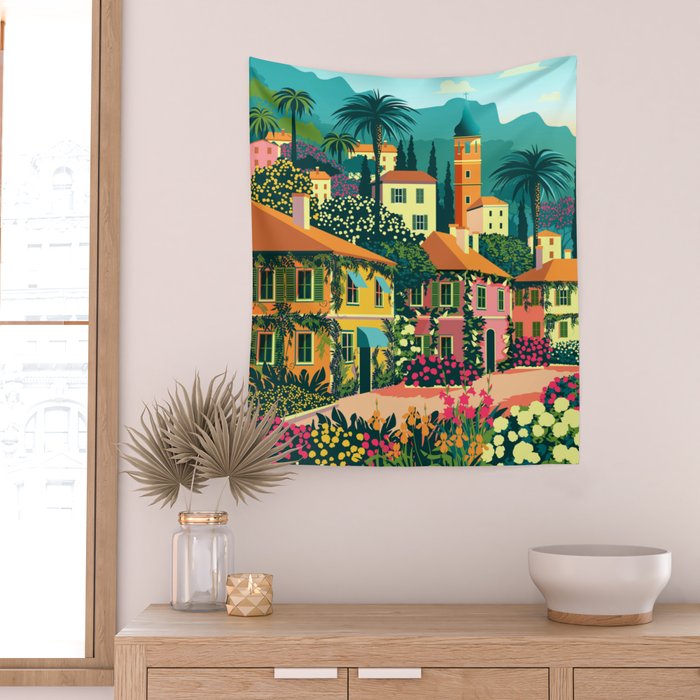 Romantic Italian Landscape Lake Como Colorful European Landscape Art Wall Tapestry Gallery Image 2