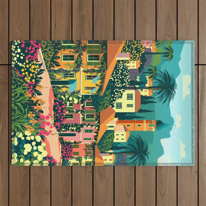 Romantic Italian Landscape Lake Como Colorful European Landscape Art Outdoor Rug Gallery Image 1