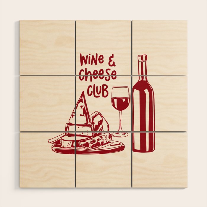 Wine  and  Cheese Club Doodle Illustration Wood Wall Art Gallery Image 1