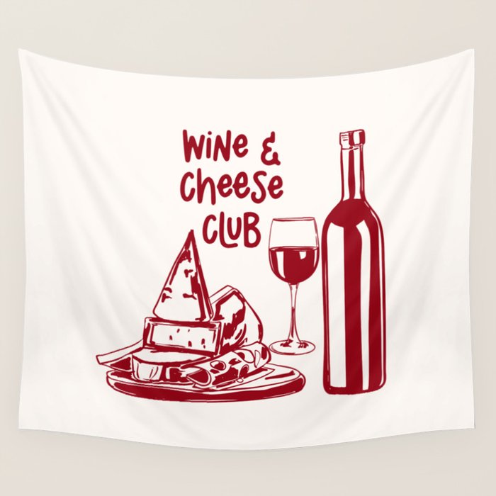 Wine  and  Cheese Club Doodle Illustration Wall Tapestry Gallery Image 4