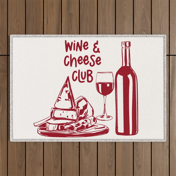 Wine  and  Cheese Club Doodle Illustration Outdoor Rug