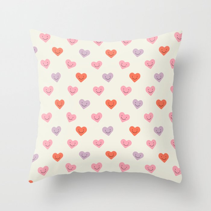 Happy love heart face doodle pattern Throw Pillow Gallery Image 1
