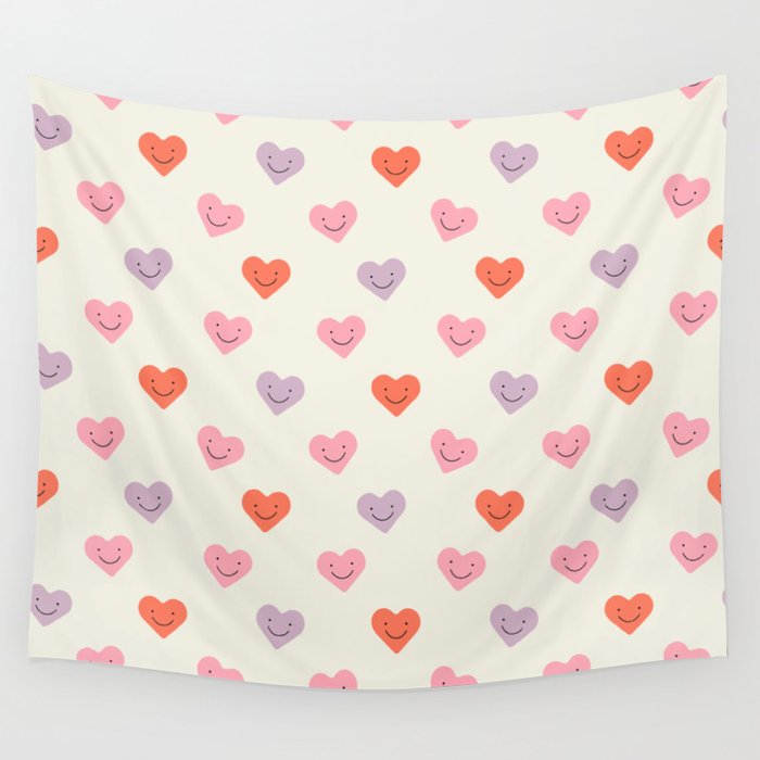 Happy love heart face doodle pattern Wall Tapestry Gallery Image 1