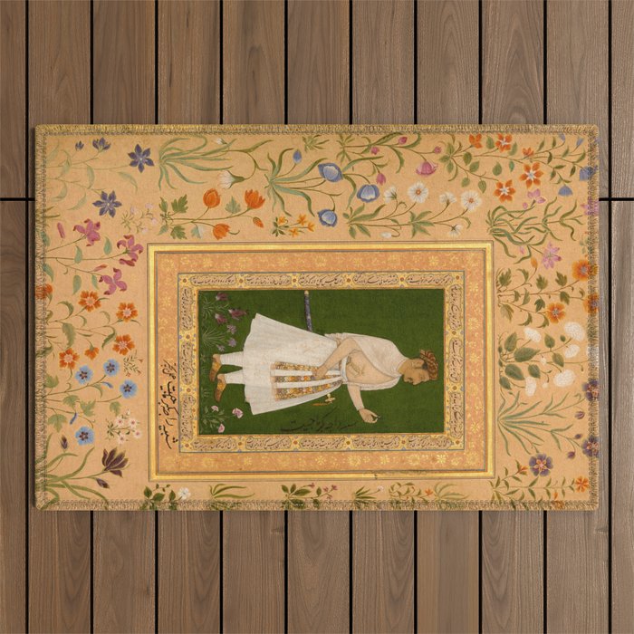 Portrait of Raja Bikramajit Mughal Watercolor Art Outdoor Rug Gallery Image 1