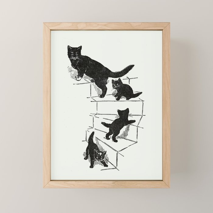 Cat With Kitten On Stairs Mini Art Print Gallery Image 1