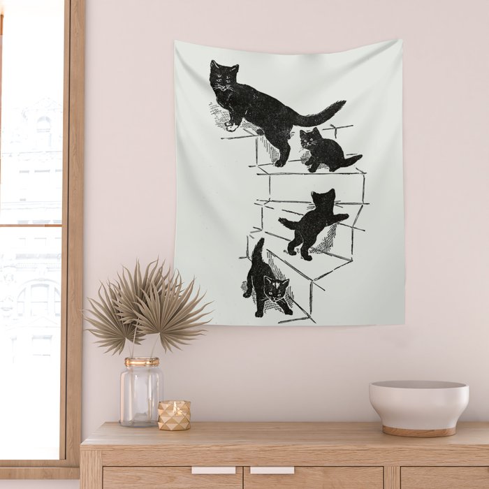 Cat With Kitten On Stairs Wall Tapestry Gallery Image 2