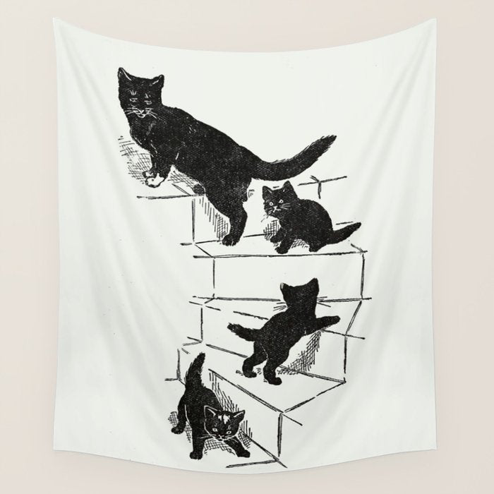 Cat With Kitten On Stairs Wall Tapestry Gallery Image 1
