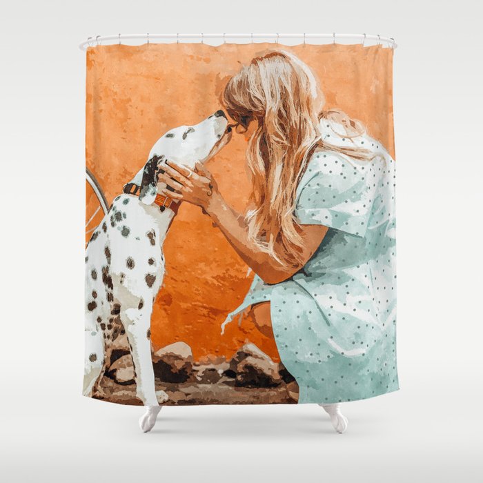 Pet Bound | Dalmatian Dog Lover Friendship Companion | Modern Bohemian Woman Puppy Animals Love Shower Curtain Gallery Image 1