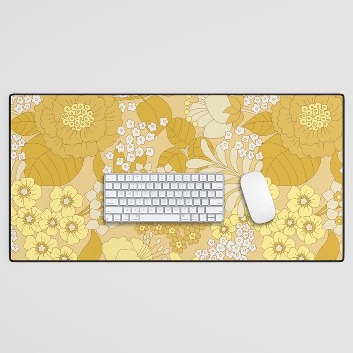 Yellow, Ivory & Brown Retro Floral Pattern Desk Mat Gallery Image 1