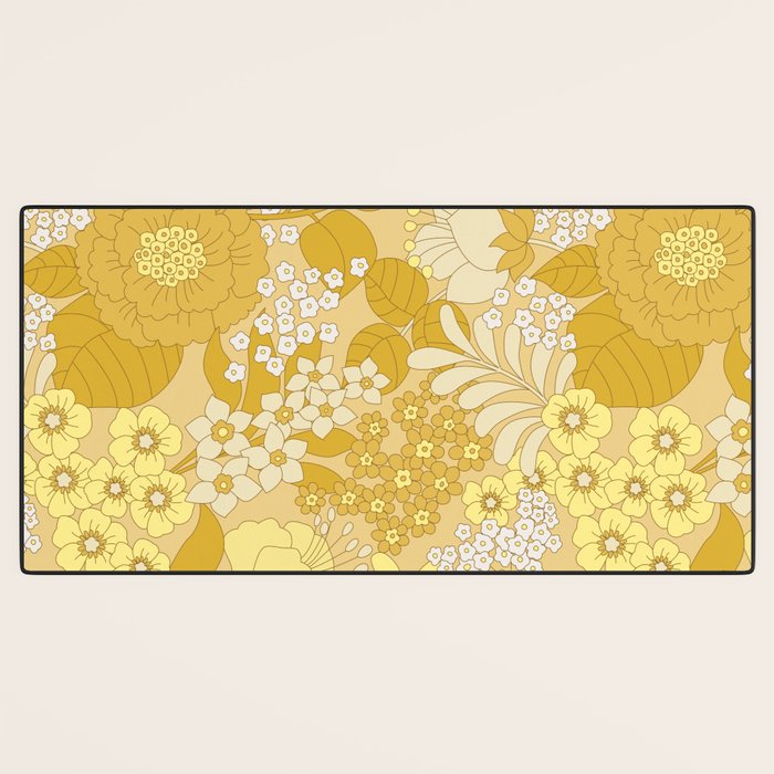 Yellow, Ivory & Brown Retro Floral Pattern Desk Mat Gallery Image 3
